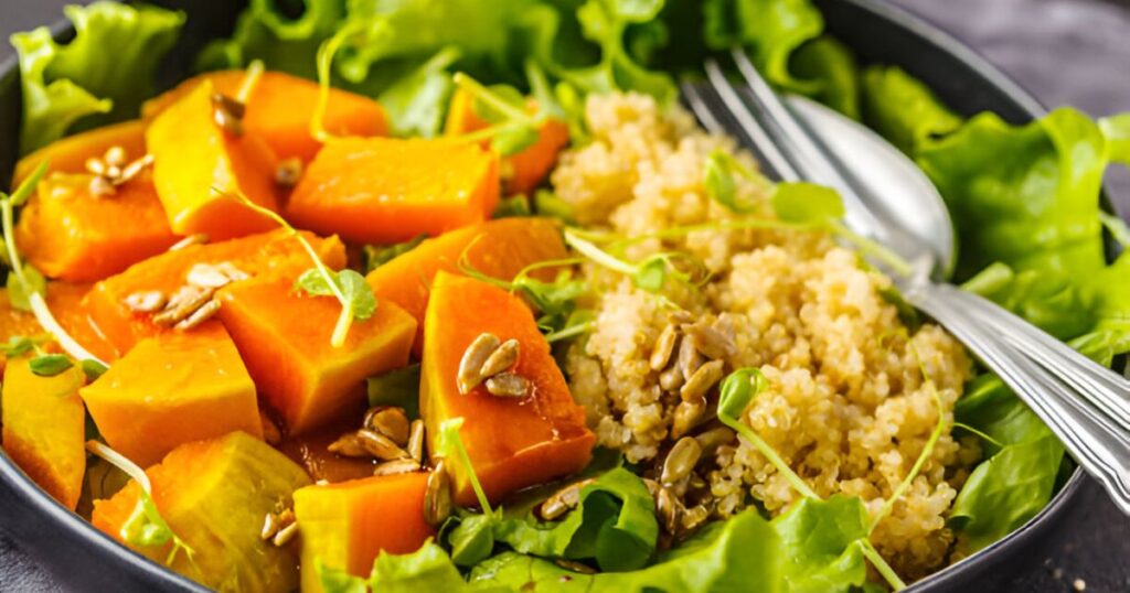 Roasted Pumpkin and Green Bean Quinoa Salad in Thai Peanut Dressing